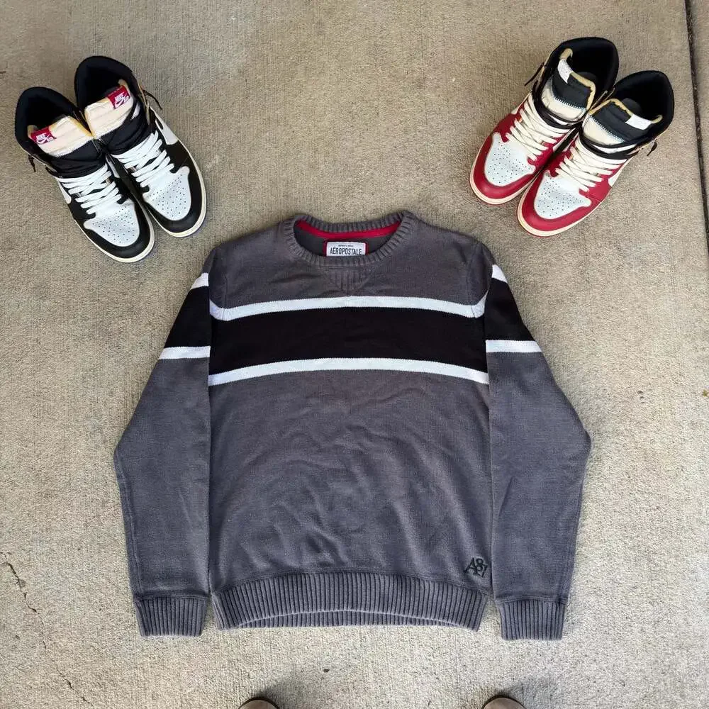 Aeropostale Men's Gray Black and White Striped Crewneck Knit Sweater XL